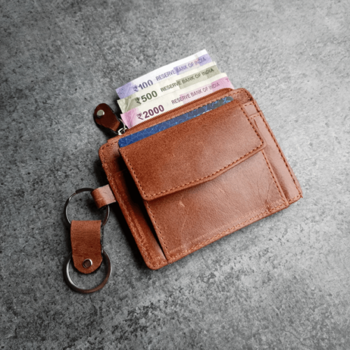 Micro Light Brown Smooth Leather Card Holder with Key Chain 6