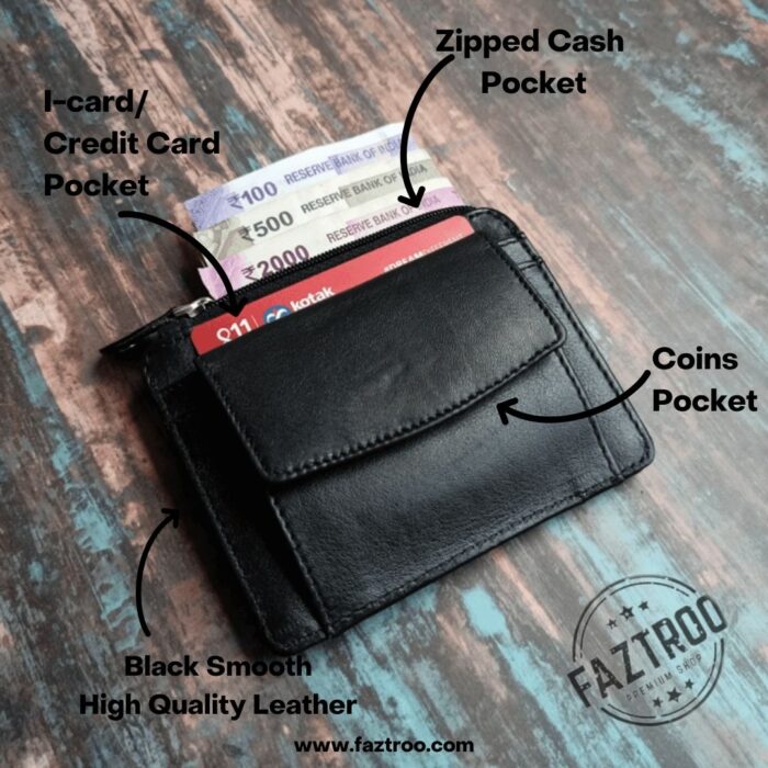 Micro Black Smooth Leather Card Holder with Coin Pocket Infographic 1