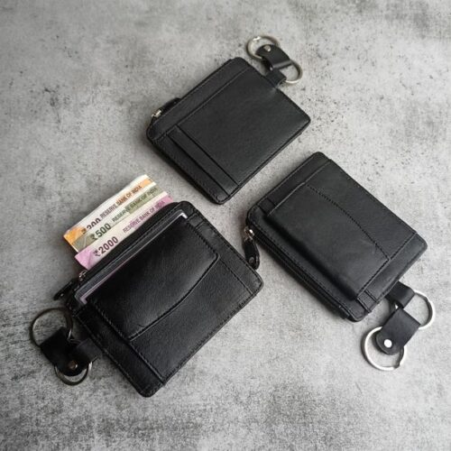 Micro Black Smooth Leather Card Holder with Key Chain 2